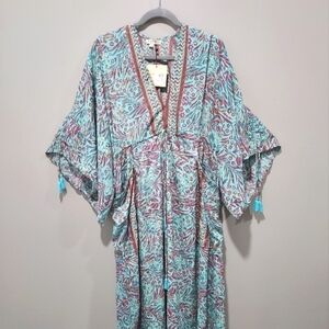 Boho Maxi Dress Womens Size Small Tropical Tassels Resort Vacation Kaftan Gypsy